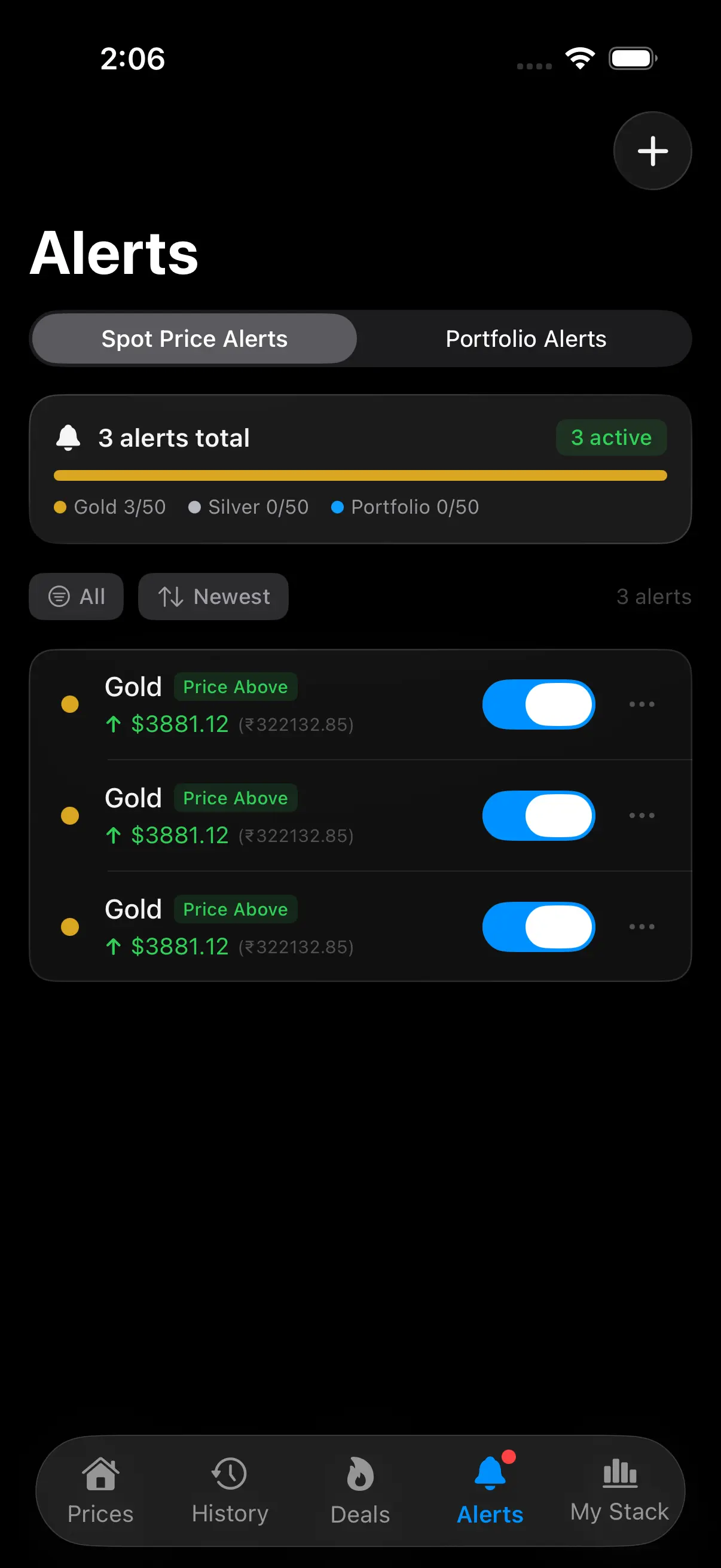 Price alerts screen showing 3 active gold price alerts at $3881.12 with Gold 3/50 Silver 0/50 quota