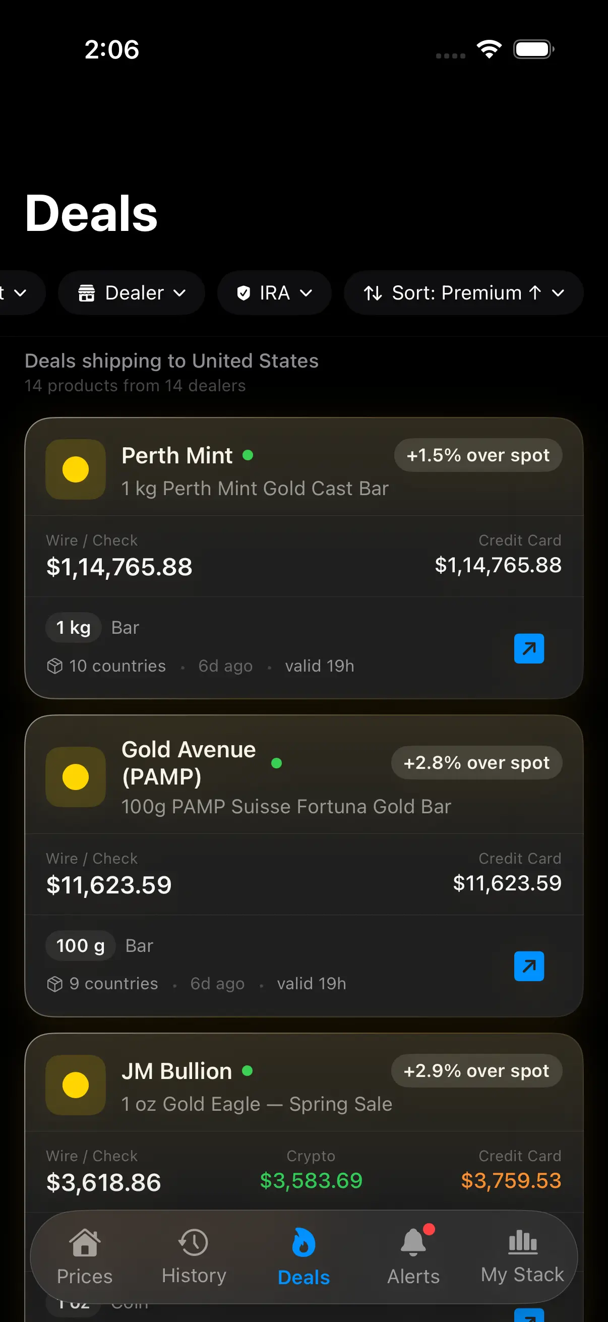 Gold Bullion Stacker live gold and silver prices screen
