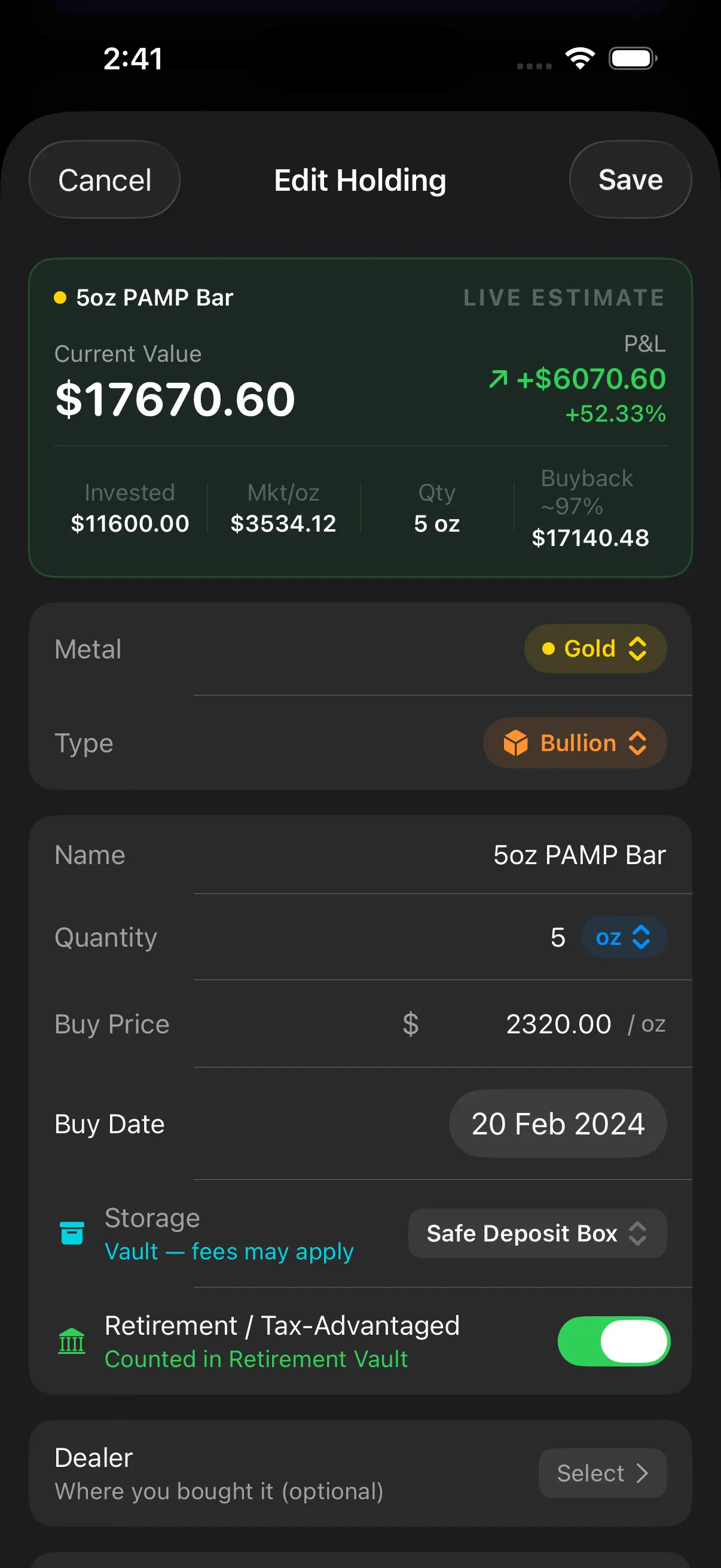 Edit holding screen showing 5oz PAMP Bar with live P&L estimate and buyback value