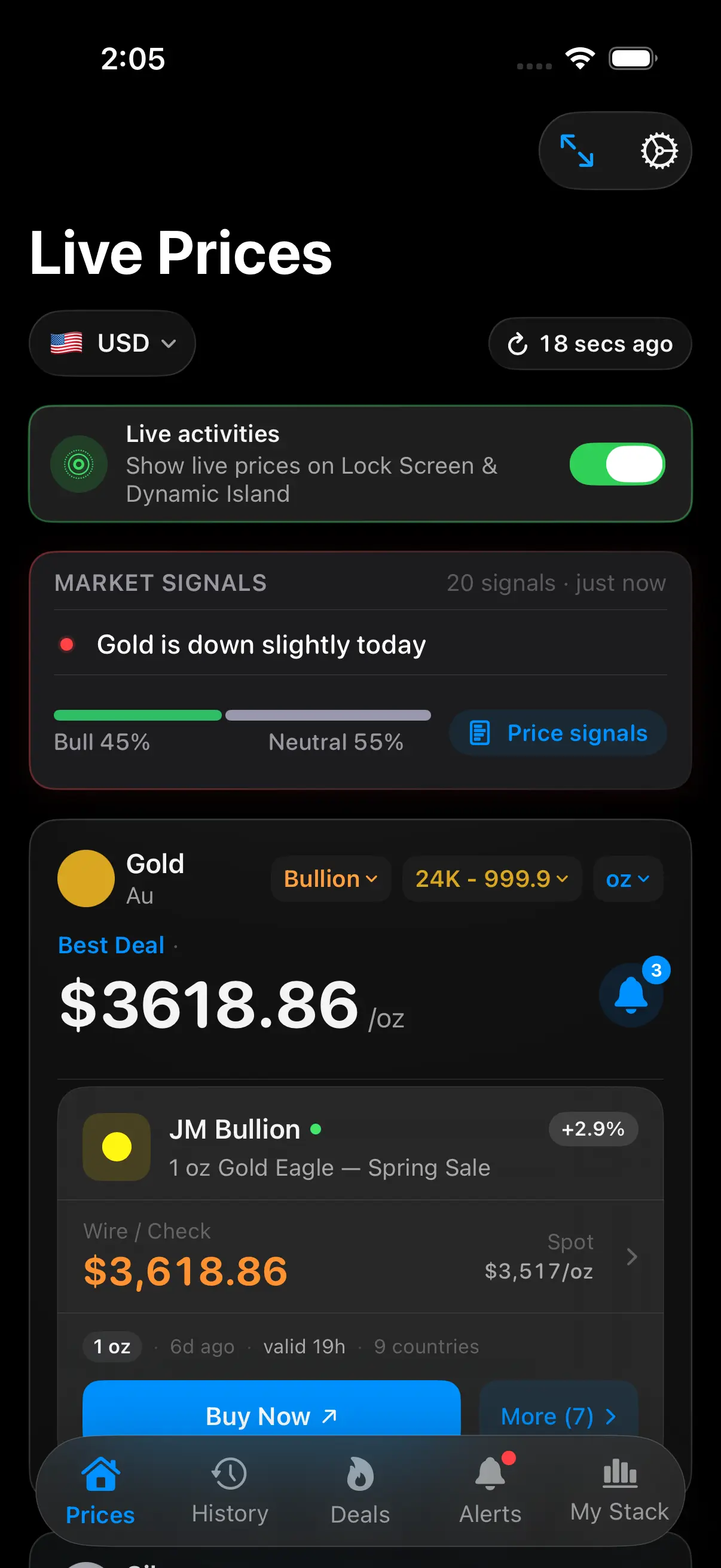 Gold Bullion Stacker portfolio overview screen