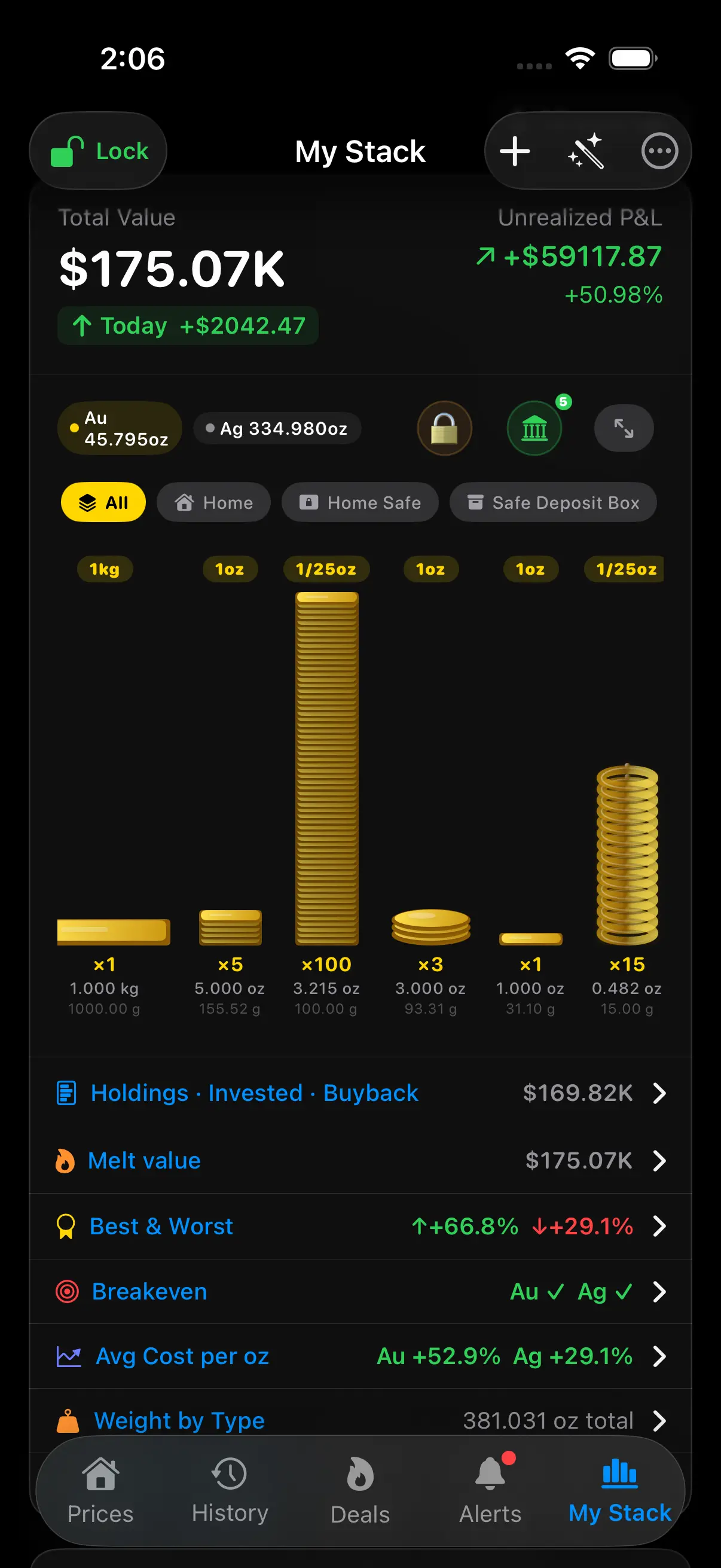 Gold Bullion Stacker 3D stack visualizer showing gold coins and bars
