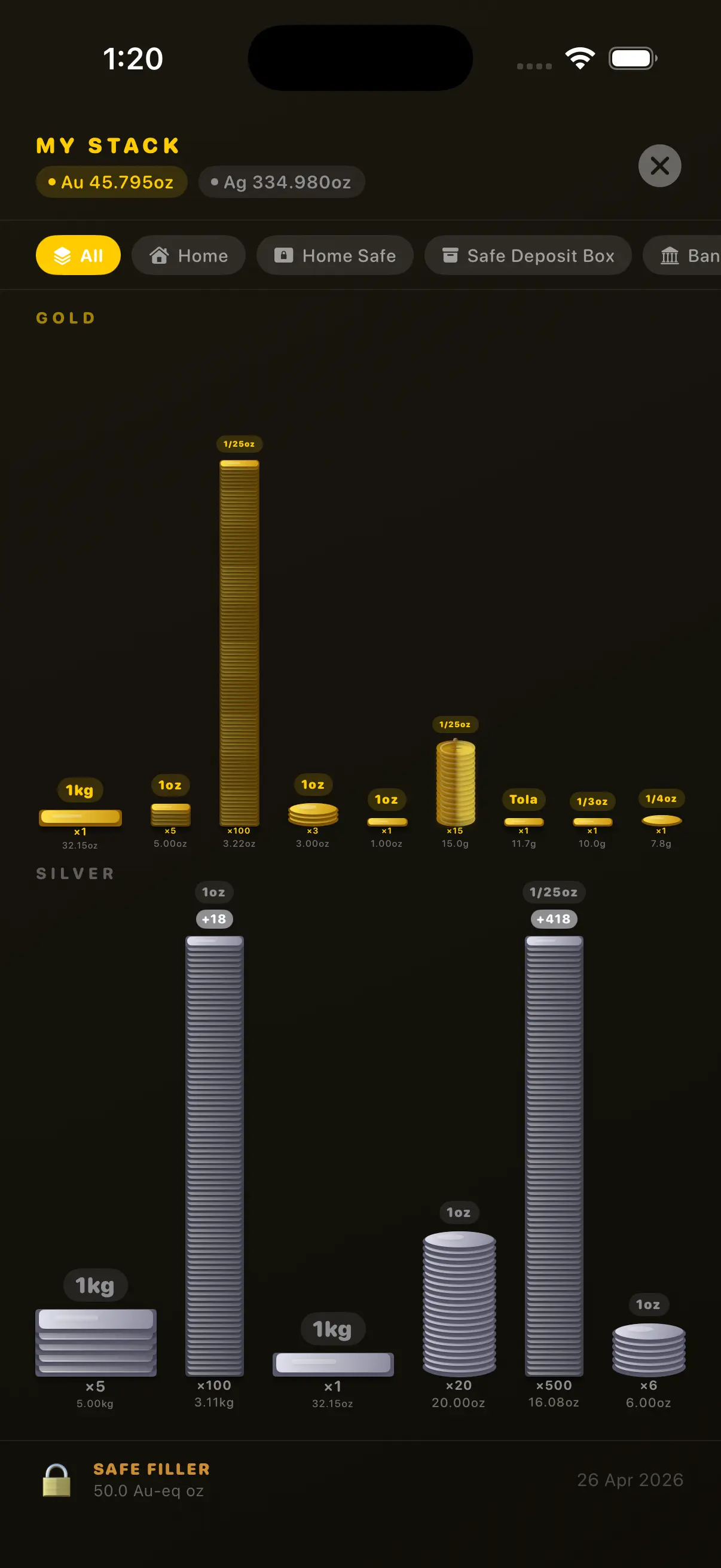 3D stack visualizer showing gold coins and silver bars by denomination in dark mode