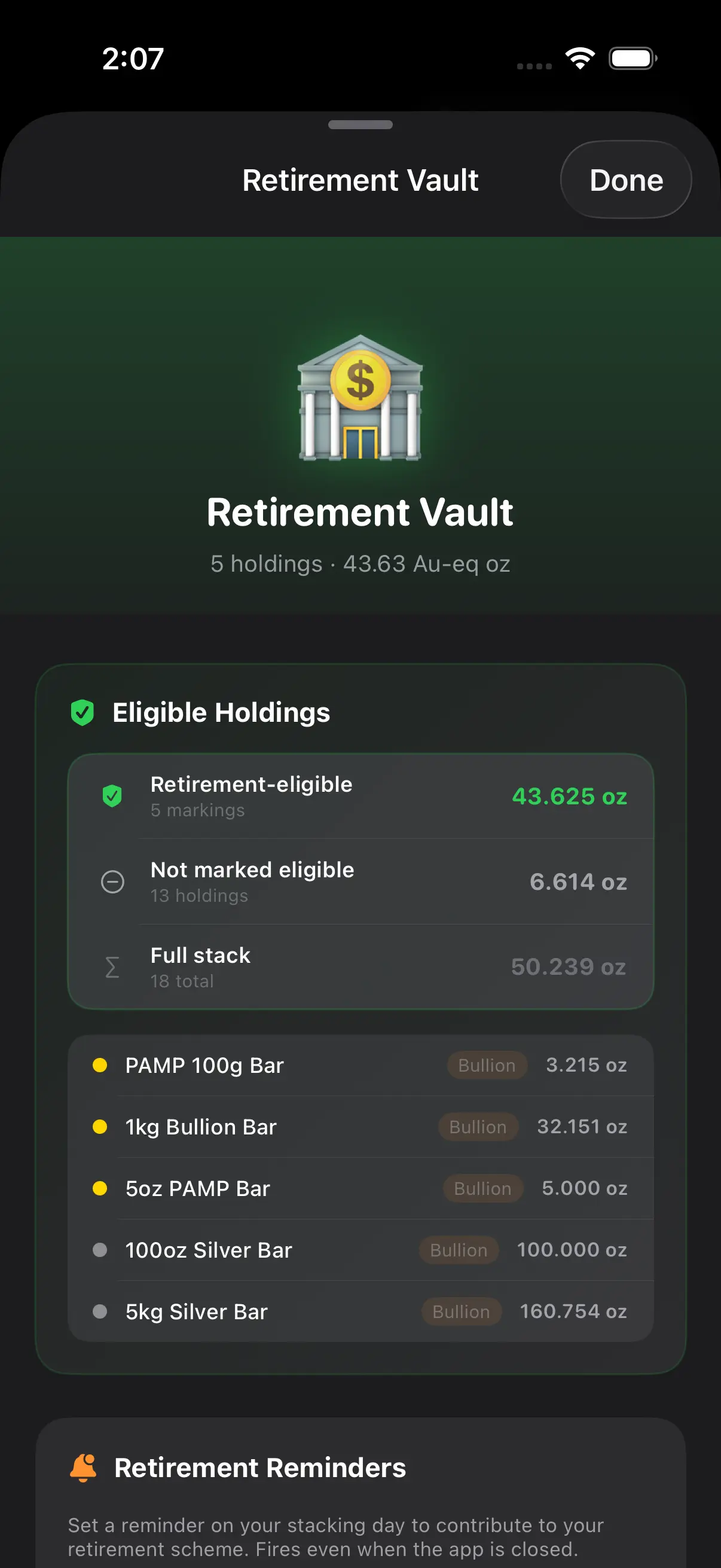 Retirement Vault showing months covered, value at 60, and retirement snapshot calculator