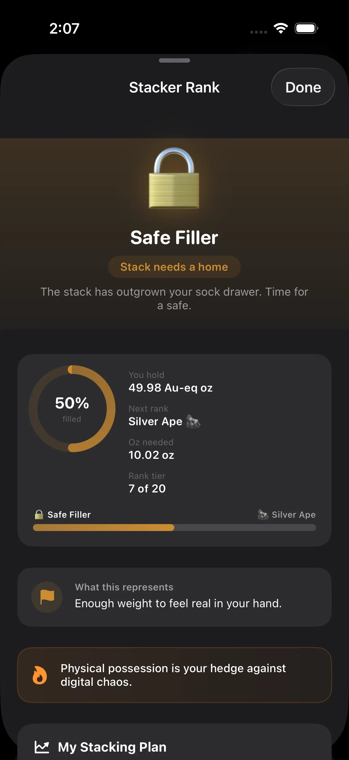 Stacker Rank showing Safe Filler rank with progress ring and stacking plan